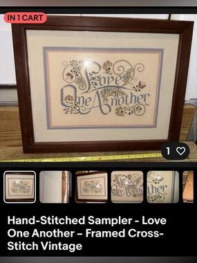 Vintage 1988 Hand-Stitched Cross-Stitch Sampler – “Love One Another Needlework
